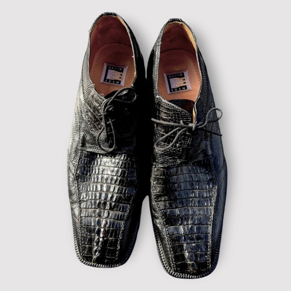 David Eden Lizard & Crocodile Wallace Black Oxford Square Toe Dress Shoe Sz 12 main image 2